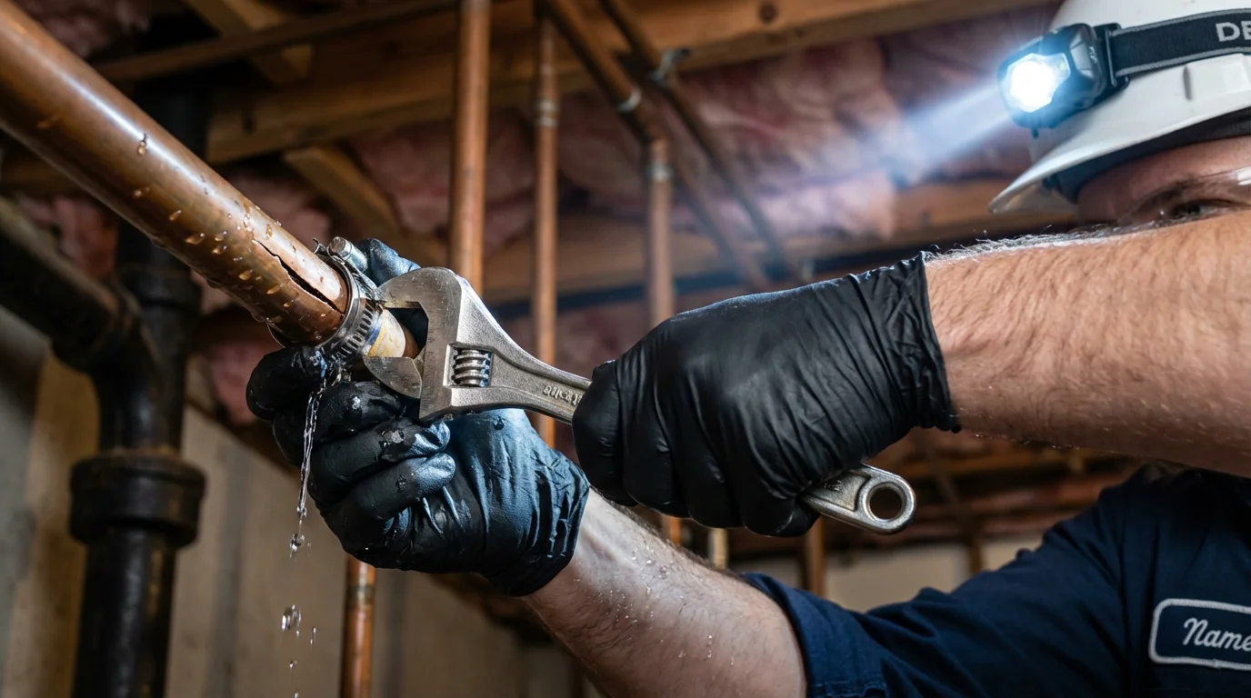 Emergency pipe clamp repair being performed by a Johns Plumbing LLC plumber in Kingsport