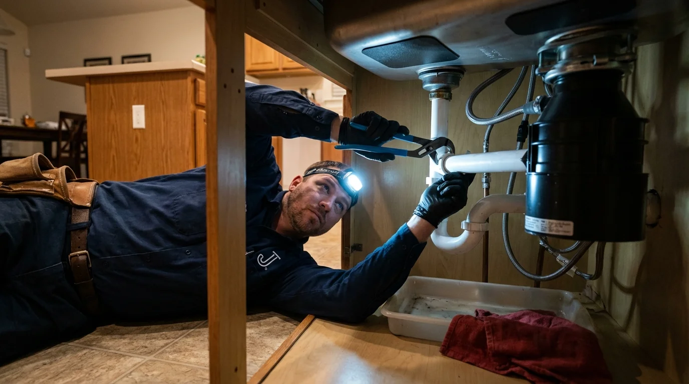 P-trap and supply line connections under a kitchen sink showing a common leak point in Kingsport, TN
